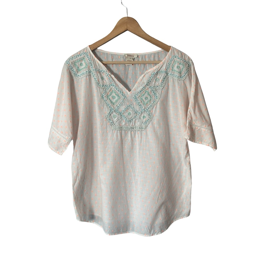 Sundance Embroidered Clip Dot Cotton Blouse White Neon Coral Size M Boho Top